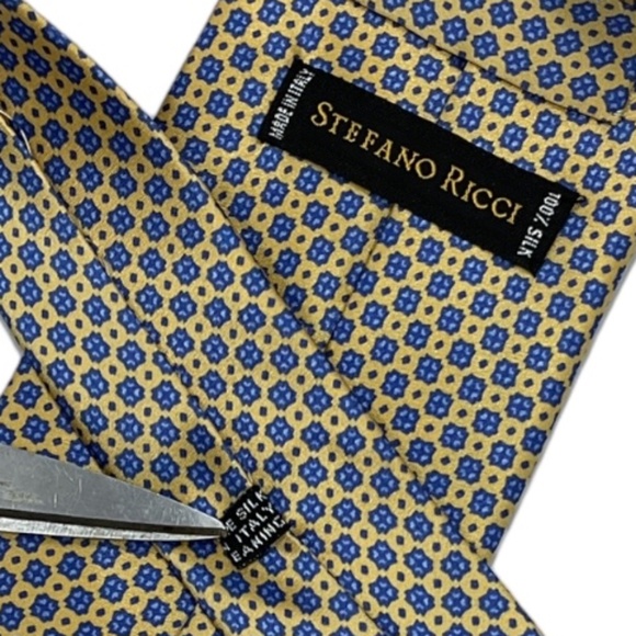 STEFANO RICCI Yellow/Blue Geometric Silk LUXURY Tie ITALY - Picture 4 of 5
